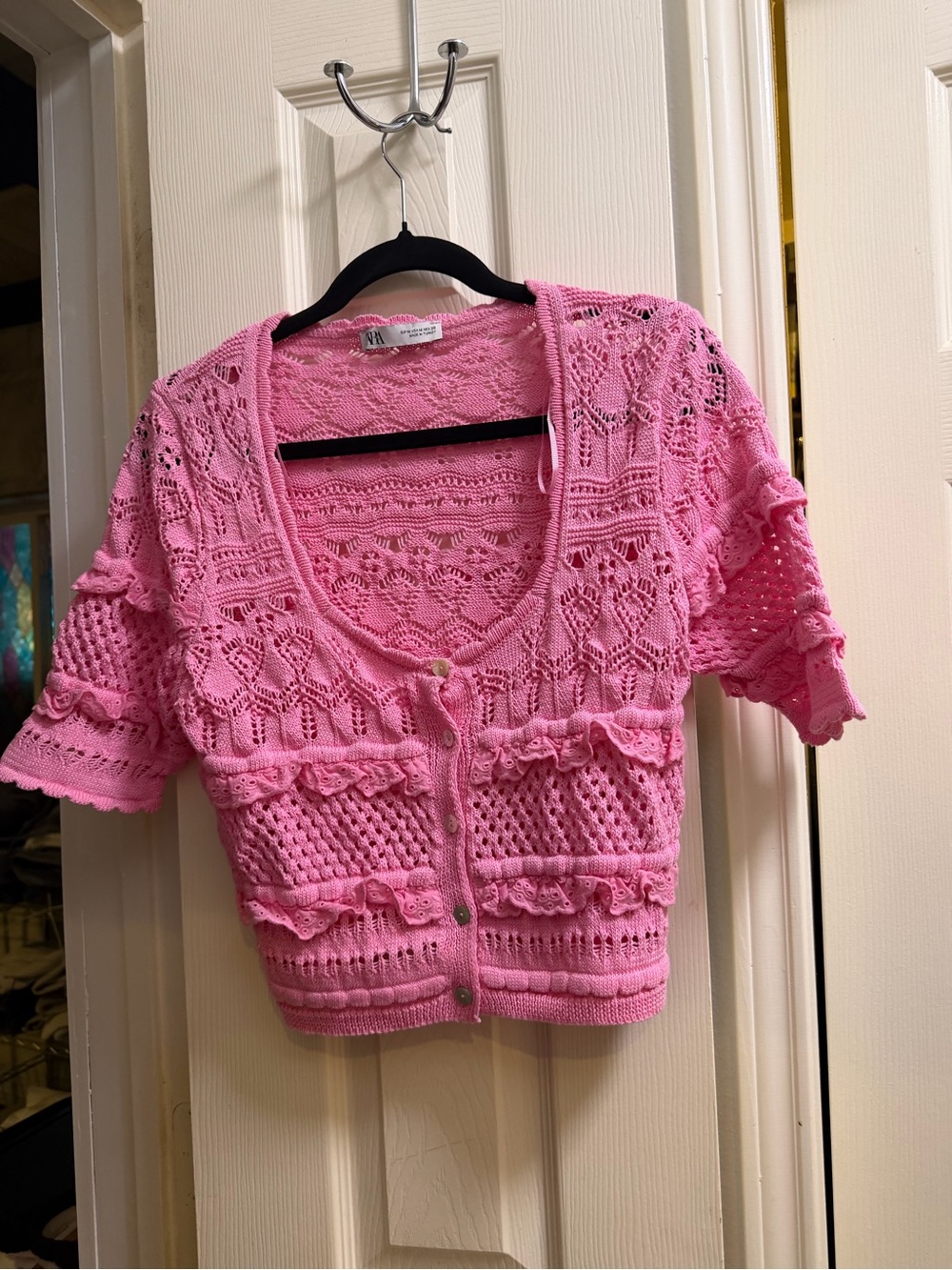 Zara Bright Pink Crochet Short-Sleeve Cardigan
